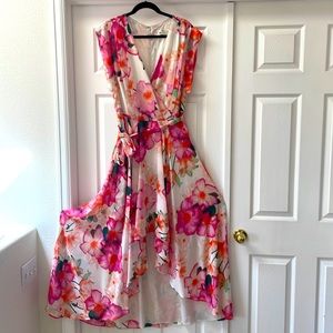 Eliza J floral high-lo ruffle hem dress. Fully lined.
